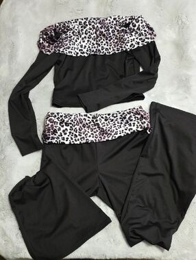 Black Two-Piece Set with Leopard Trim